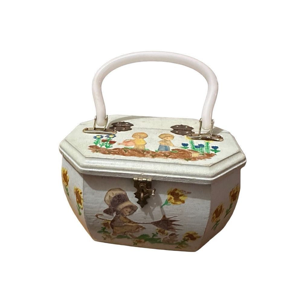 Vintage Hand painted Wood Rectangular Decoupage Handbag Purse Children Floral